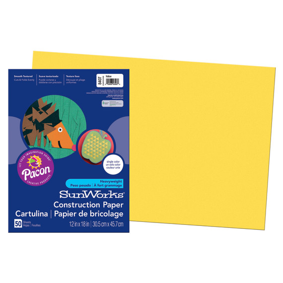 Construction Paper, Yellow, 12" x 18", 50 Sheets Per Pack, 5 Packs