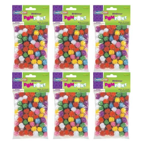 Glitter Pom Poms, Assorted Colors, 1/2", 80 Per Pack, 6 Packs