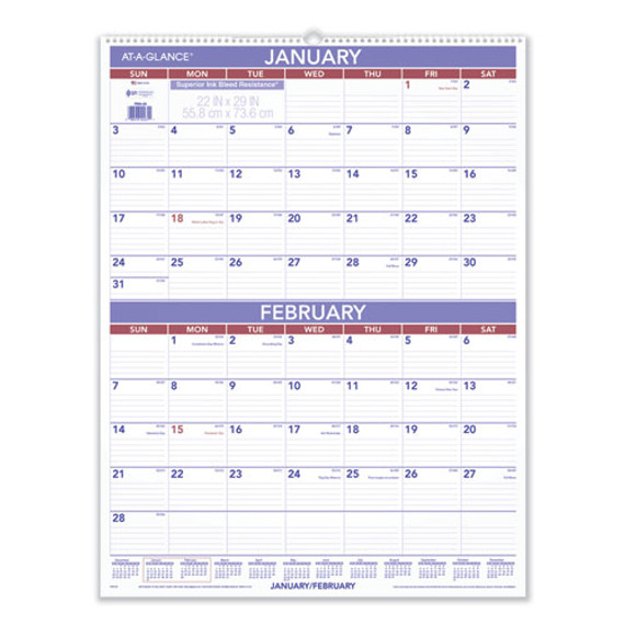 Two-month Wall Calendar, 22 X 29, White/blue/red Sheets, 12-month (jan To Dec): 2024