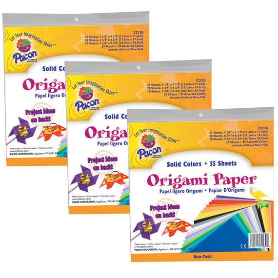 Origami Paper, Assorted Colors, up to 9-3/4" x 9-3/4", 55 Sheets Per Pack, 3 Packs