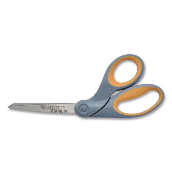 Titanium Bonded Scissors, 8" Long, 3.5" Cut Length, Crane-style Gray/yellow Handle