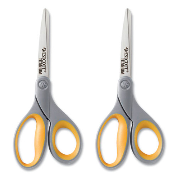 Titanium Bonded Scissors, 8" Long, 3.5" Cut Length, Straight Gray/yellow Handle, 2/pack