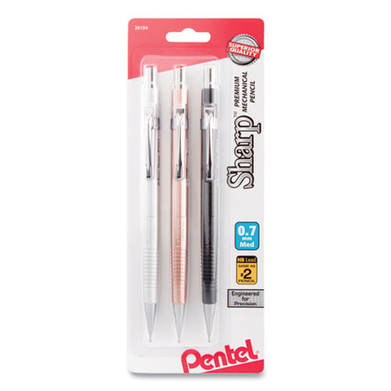 Sharp Mechanical Pencil, 0.7 Mm, Hb (#2), Black Lead, Assorted Barrel Colors, 3/pack