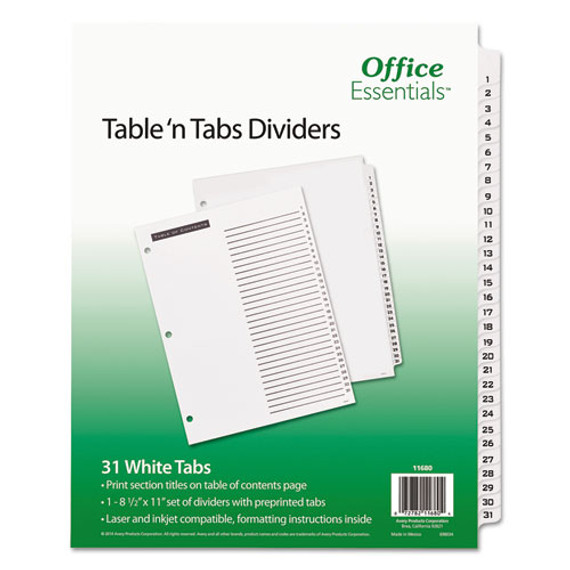 Table 'n Tabs Dividers, 31-tab, 1 To 31, 11 X 8.5, White, White Tabs, 1 Set