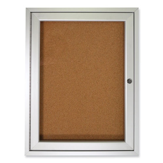 1 Door Enclosed Natural Cork Bulletin Board With Satin Aluminum Frame, 36 X 36, Tan Surface