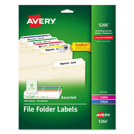 Permanent Trueblock File Folder Labels With Sure Feed Technology, 0.66 X 3.44, White, 30/sheet, 25 Sheets/pack - AVE5266