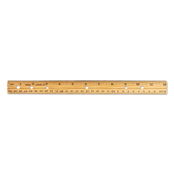 Beveled Wood Ruler W/single Metal Edge, 3-hole Punched, Standard/metric, 12" Long, Natural, 36/box