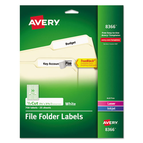 Permanent Trueblock File Folder Labels With Sure Feed Technology, 0.66 X 3.44, White, 30/sheet, 25 Sheets/pack - AVE8366