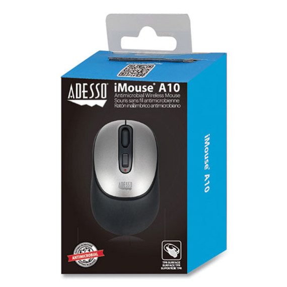 Imouse A10 Antimicrobial Wireless Mouse, 2.4 Ghz Frequency/30 Ft Wireless Range, Left/right Hand Use, Black/silver