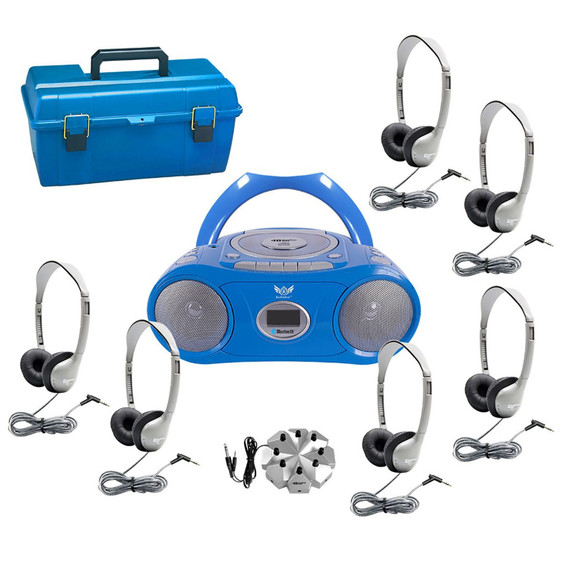 6-Station Listening Center with AudioAce Bluetooth Boombox, 6 SchoolMate Personal-Sized Headphones, Jackbox & Carry Case