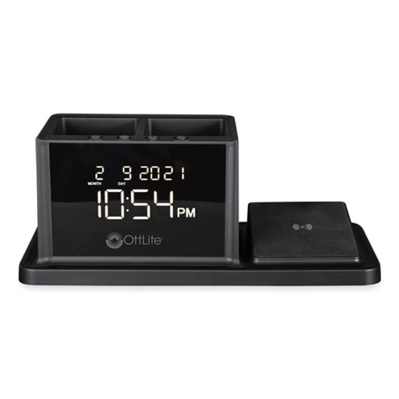 Desktop Organizer W/led Alarm Clock/device Charger, 2 Compartments, 10.68 X 4.88 X 4.32, Black, Plastic,ships In 4-6 Bus Days