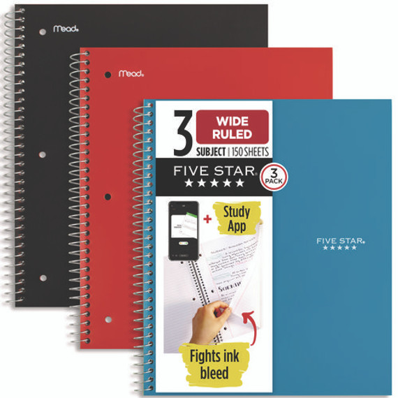 Wirebound Notebook, 3-subject, Wide/legal Rule, Assorted Cover Color, (150) 10.5 X 8.63 Sheets, 3/pack
