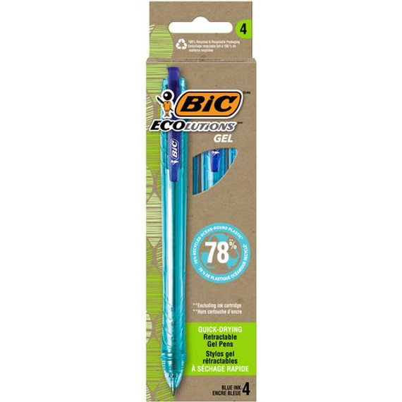 Ecolutions Gel Pen, Retractable, Medium 1 Mm, Blue Ink, Blue Barrel, 4/pack