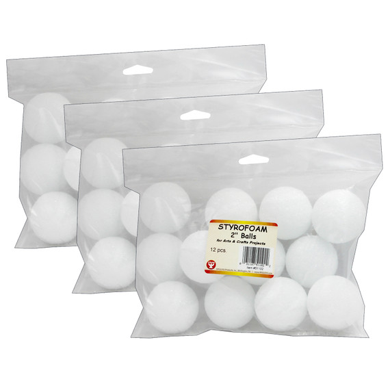 Craft Foam Balls, 2 Inch, White, 12 Per Pack, 3 Packs