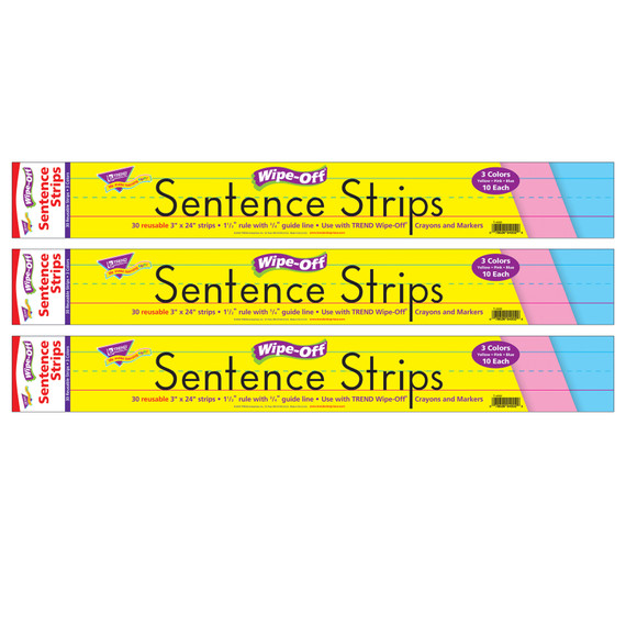 Multicolor Wipe-Off Sentence Strips, 24", 30 Per Pack, 3 Packs