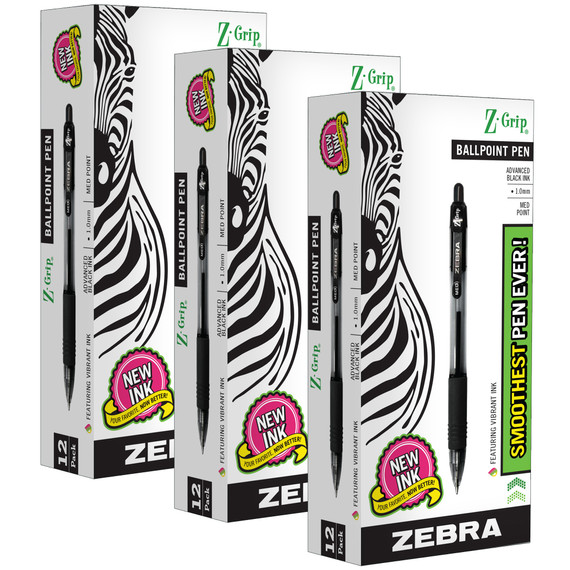 Z-Grip Ballpoint Retractable Pen, 1.0mm, Black, 12 Per Pack, 3 Packs