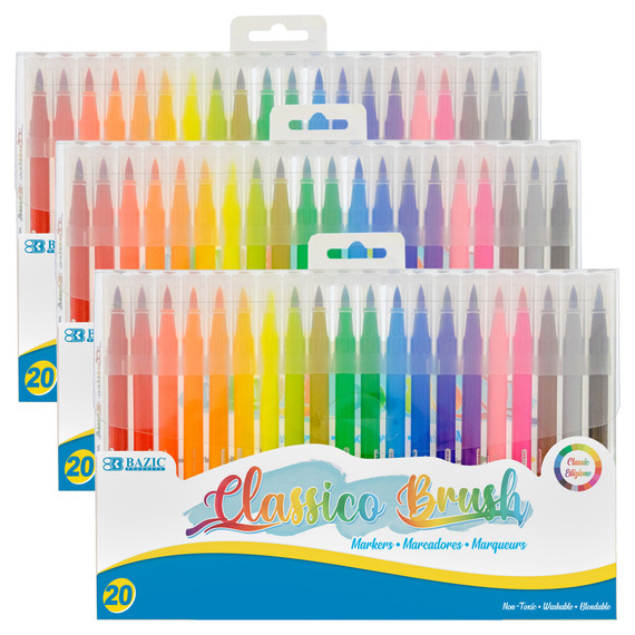 Washable Brush Markers, 20 Colors, 20 Per Pack, 3 Packs