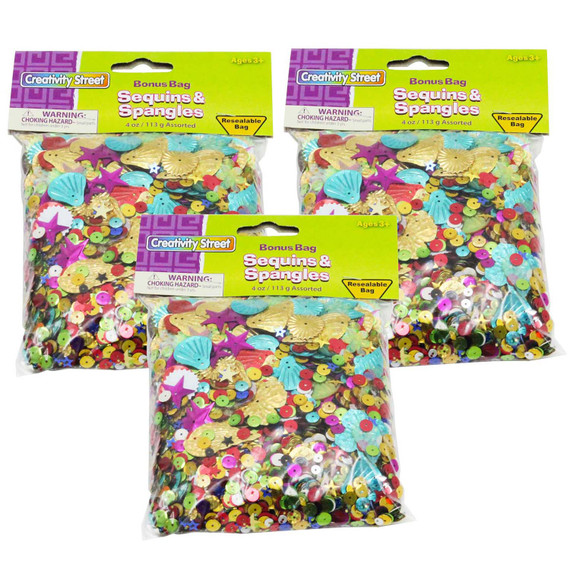 Sequins & Spangles, Assorted Colors, Assorted Sizes, 4 oz. Per Pack, 3 Packs