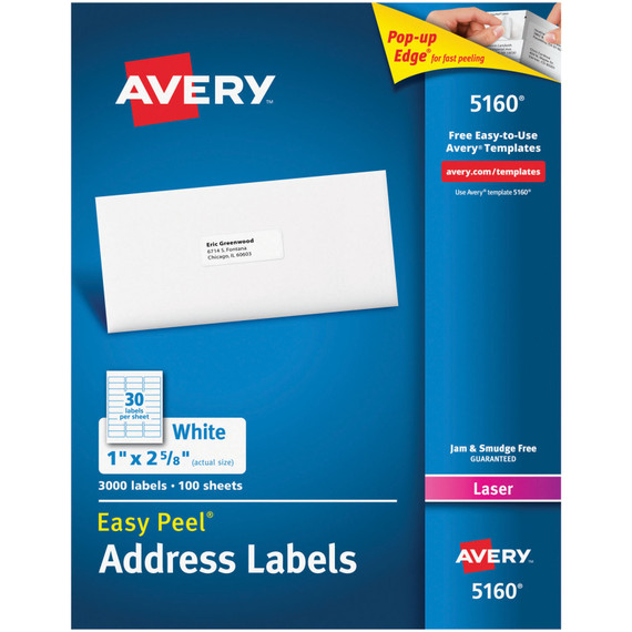 Easy Peel Address Labels, Permanent Adhesive, 1" x 2-5/8", 3000 Labels