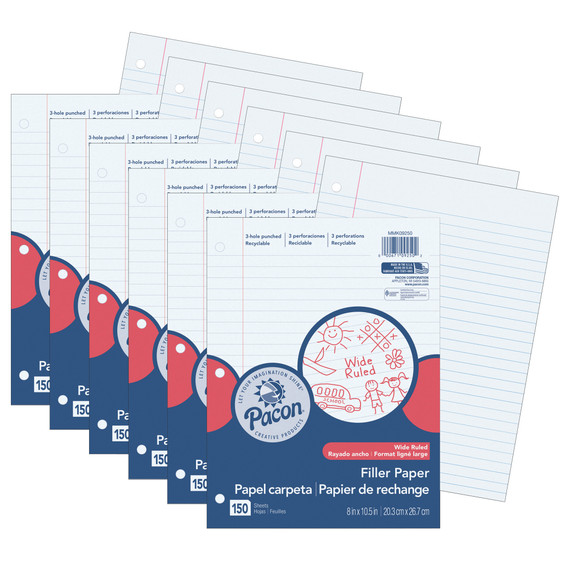 Filler Paper, White, 3-Hole Punched, Red Margin, 3/8" Ruled, 8" x 10-1/2", 150 Sheets Per Pack, 6 Packs