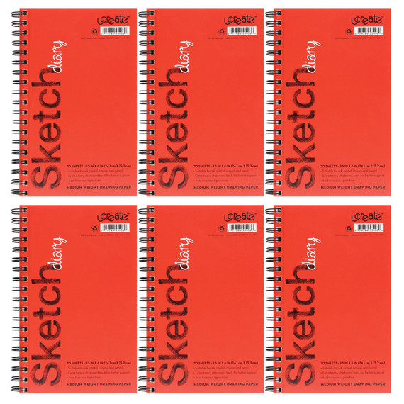 Sketch Diary, Medium Weight, 9-1/2" x 6", 70 Sheets, Pack of 6