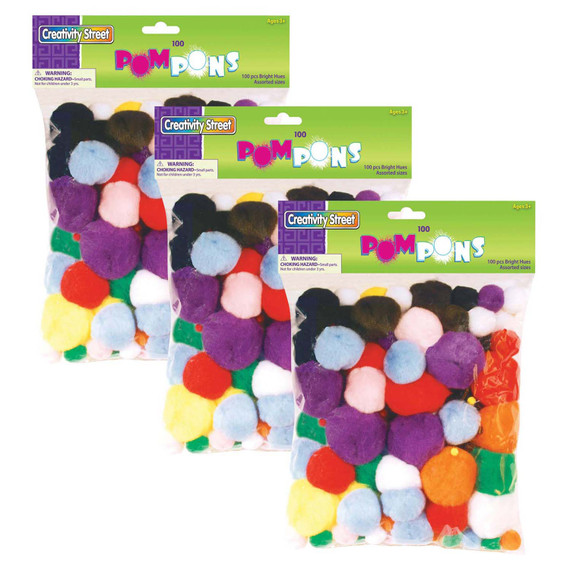 Pom Poms, Bright Hues, Assorted Sizes, 100 Pieces Per Pack, 3 Packs