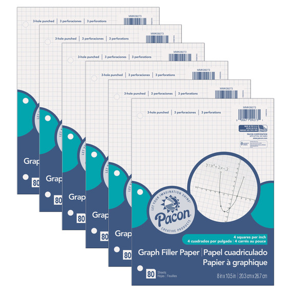 Graphing Paper, White, 3-Hole Punched, 1/4" Quadrille Ruled, 8" x 10-1/2", 80 Sheets Per Pack, 6 Packs
