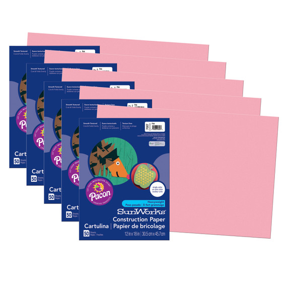 Construction Paper, Pink, 12" x 18", 50 Sheets Per Pack, 5 Packs - PAC7007-5