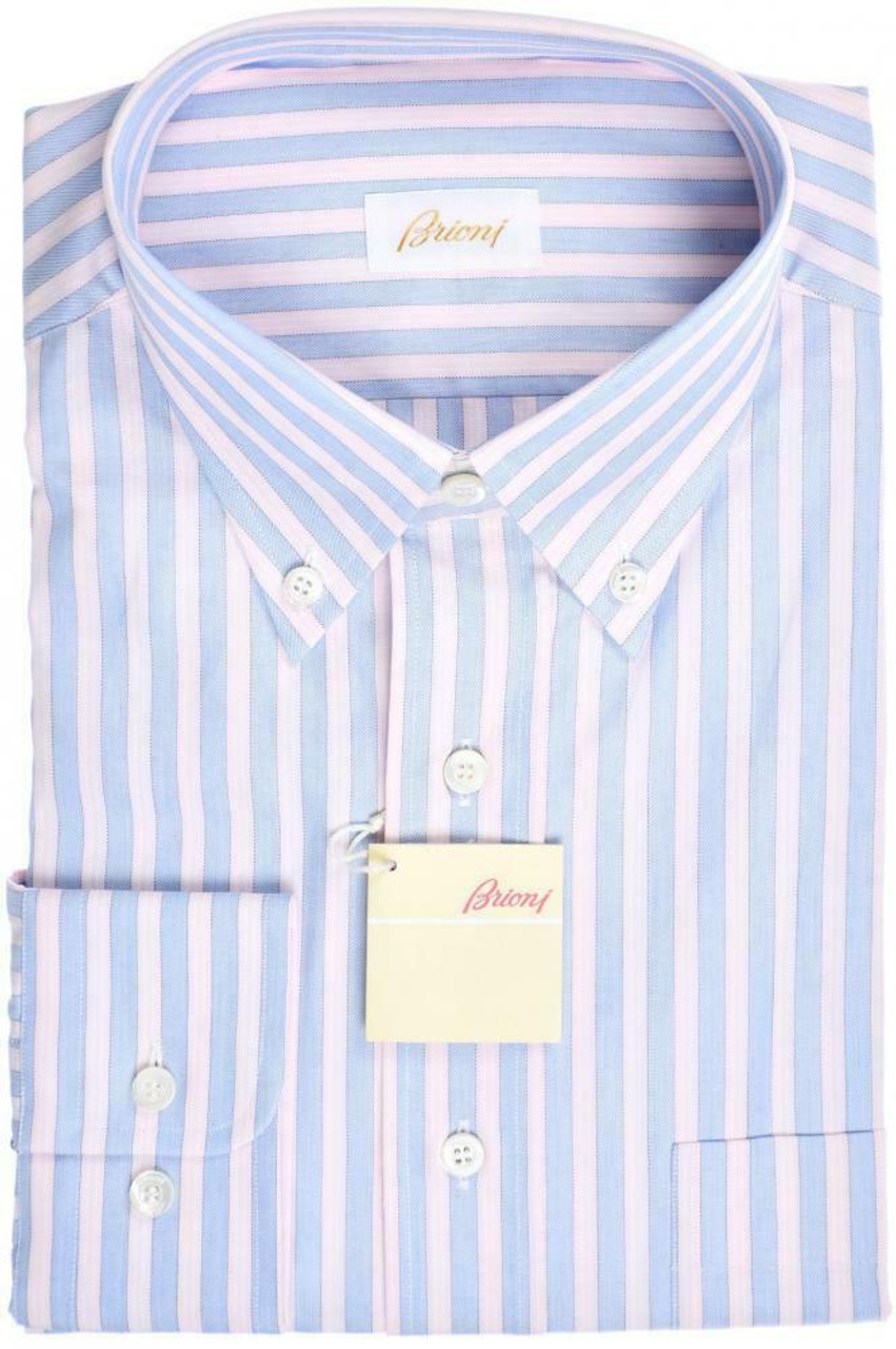 Brioni Dress Shirt Fine Cotton Size Large Pink Blue Stripe