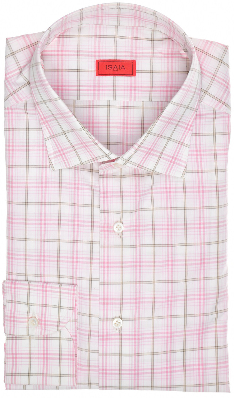 Isaia Mix Dress Shirt Size 17 1/2 Pink Plaid 06SH0753