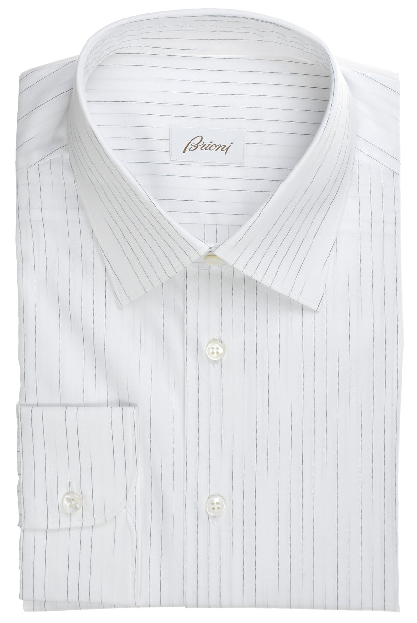 floral dress shirt Brioni Ventiquattro Brunico Size 16 1/2 Black Stripe 03SH0963 Shirttail hem Brioni Men's White/Blue Striped French