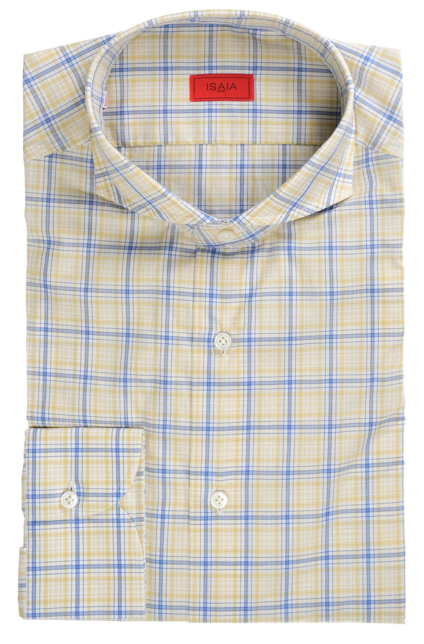 Isaia Mix Dress Shirt Cotton Yellow Blue Check