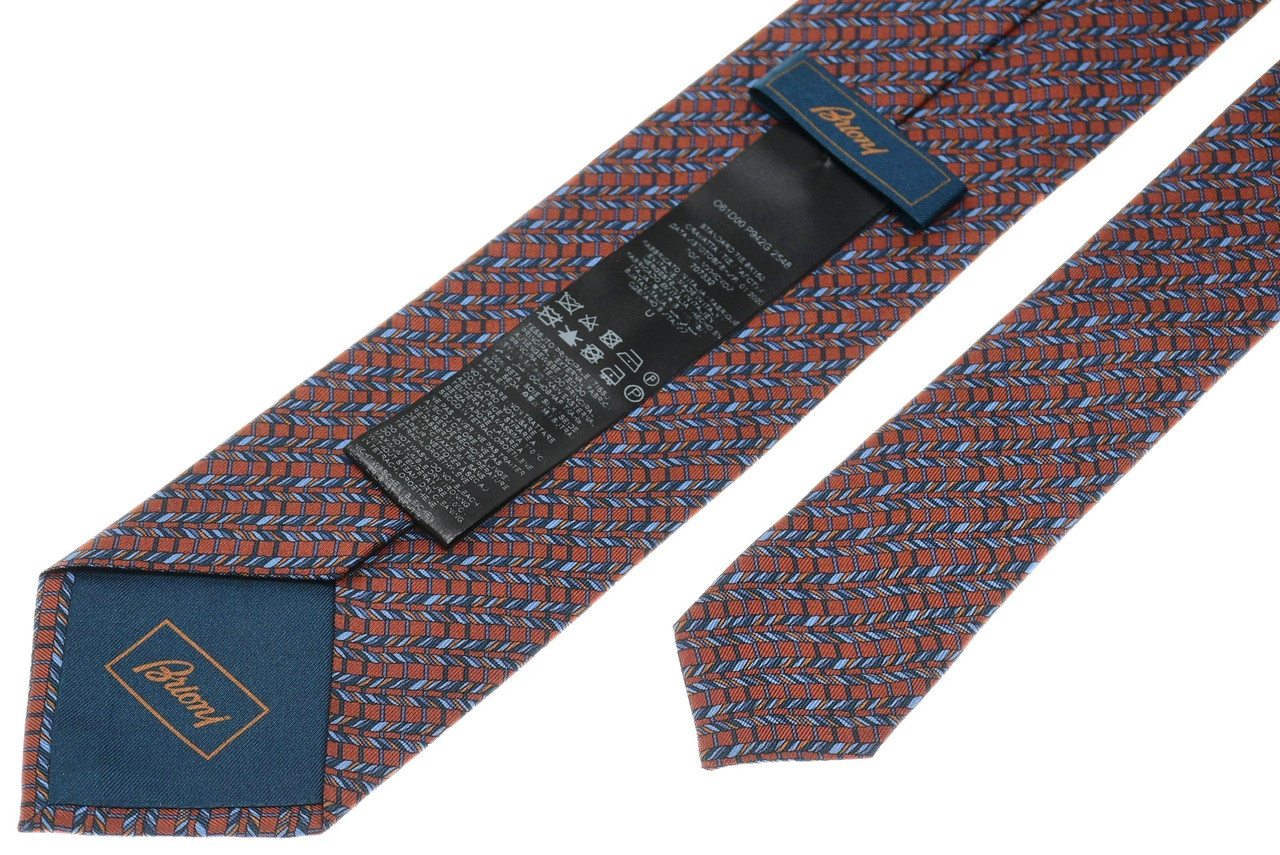 Cravate Brioni 100% Soie - Imprimé Géométrique Orange & Blanc Sur Fond Violet
