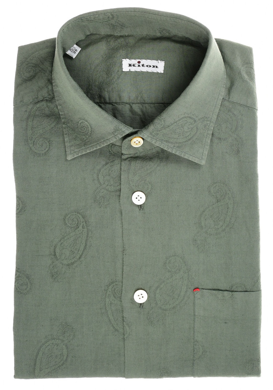 Kiton Dress Shirt Nerano Cotton Linen Green Tonal Paisley Woven