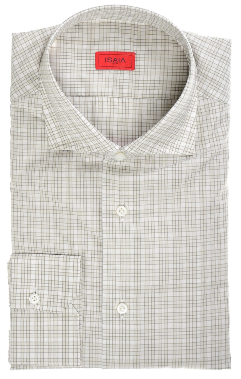 Isaia Mix Dress Shirt Size 17 Green Check 06SH0927