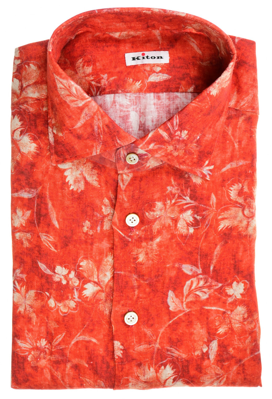 Kiton botanical-print linen shirt - White