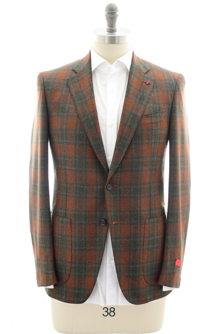 Isaia Sport Coat Jacket Blazer Gregory Wool Rust Brown Green Plaid