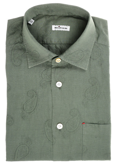 Kiton Napoli Green Cotton Linen Tonal Paisley Dress Sport Shirt