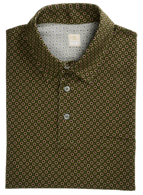 Fedeli Polo Shirt 'Bell' Short Sleeve Cotton Jersey Green Geometric