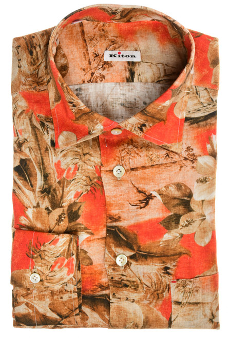 Kiton Shirt NERANO Linen Red Brown Floral