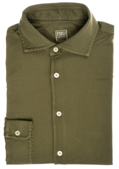 Fedeli Polo Neck Shirt 'Jason' Long Sleeve Cotton Jersey Military Green