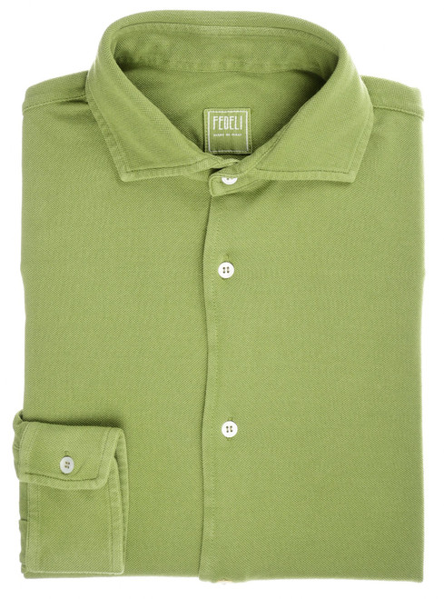 Fedeli Polo Neck Shirt 'John' Long Sleeve Cotton Piquet Green Fedeli Polo Neck Shirt 'John' Long Sleeve Cotton Piquet Green