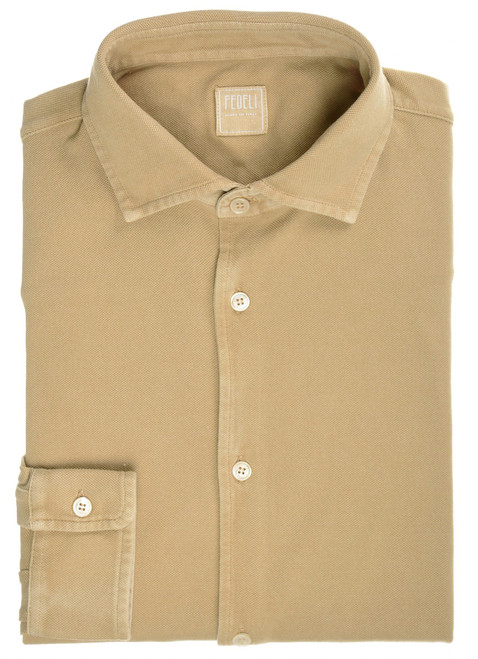 Fedeli Polo Neck Shirt 'Steve' Long Sleeve Cotton Piquet Brown