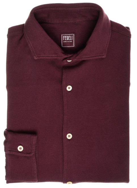 Fedeli Polo Neck Shirt 'Thomas' Long Sleeve Cotton Piquet Burgundy