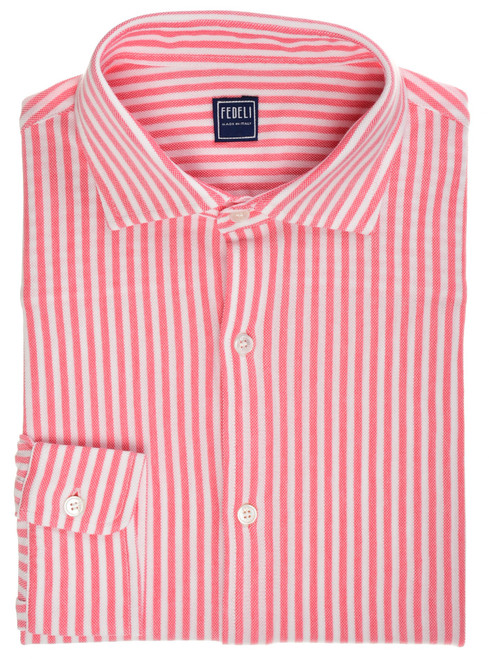 Fedeli Polo Neck Shirt 'Steve' Long Sleeve Cotton Pique Pink Stripe