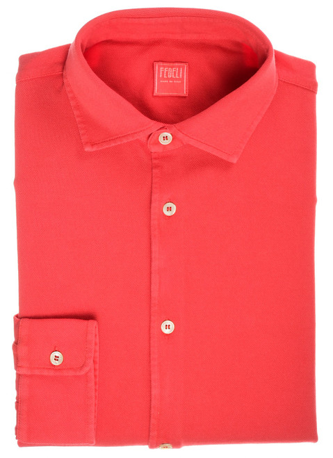 Fedeli Polo Neck Shirt 'Steve' Long Sleeve Cotton Pique Coral Red