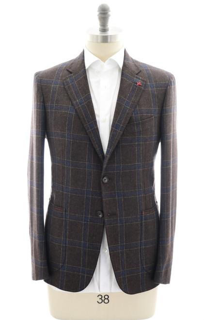 Isaia Sport Coat Jacket Blazer Wool Cashmere Brown Blue Windowpane