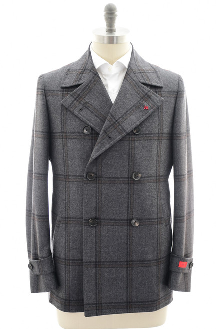 Isaia Napoli Peacoat Jacket Wool Cashmere Gray Brown Plaid