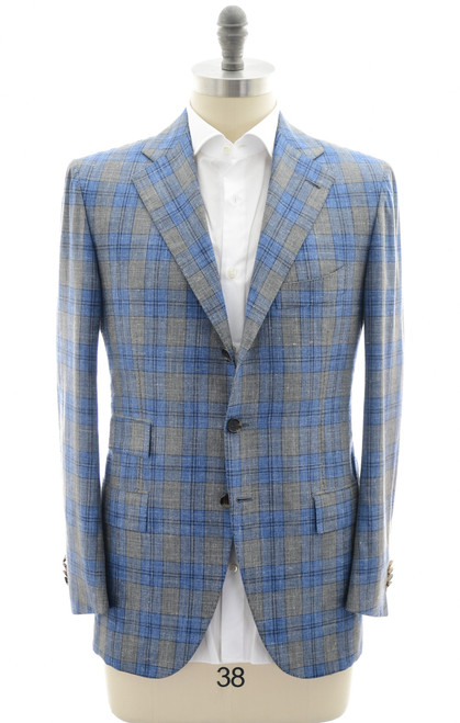 Cesare Attolini Napoli Sport Coat Blazer Wool Blend Blue Gray Plaid