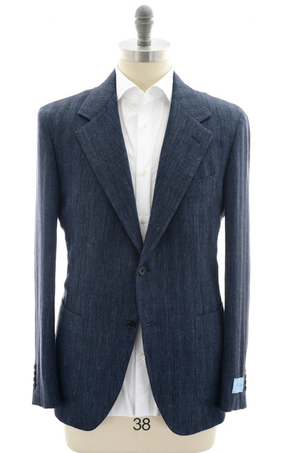 Belvest Sport Coat Jacket Linen Wool Denim Blue Herringbone
